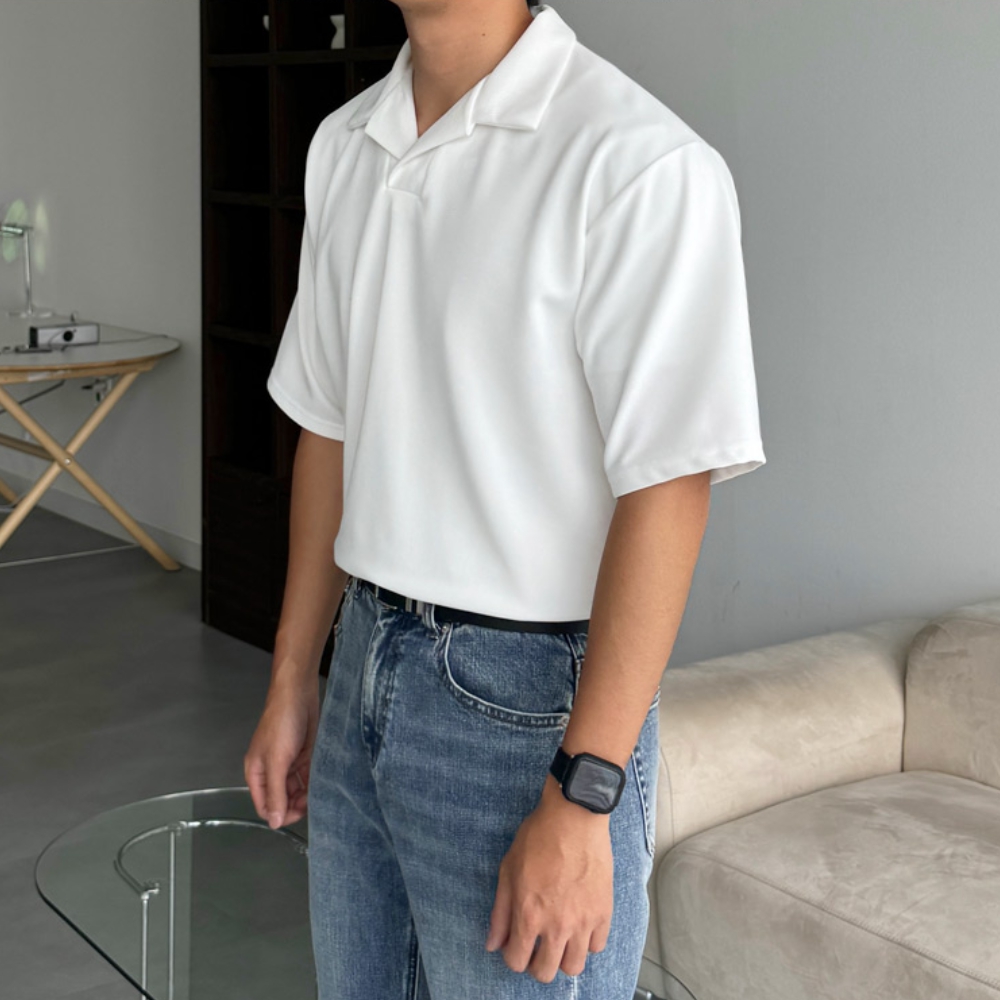 1+1 남자 스아 여름 무지 미니멀 오픈 카라 반팔티 - 상세 이미지 5