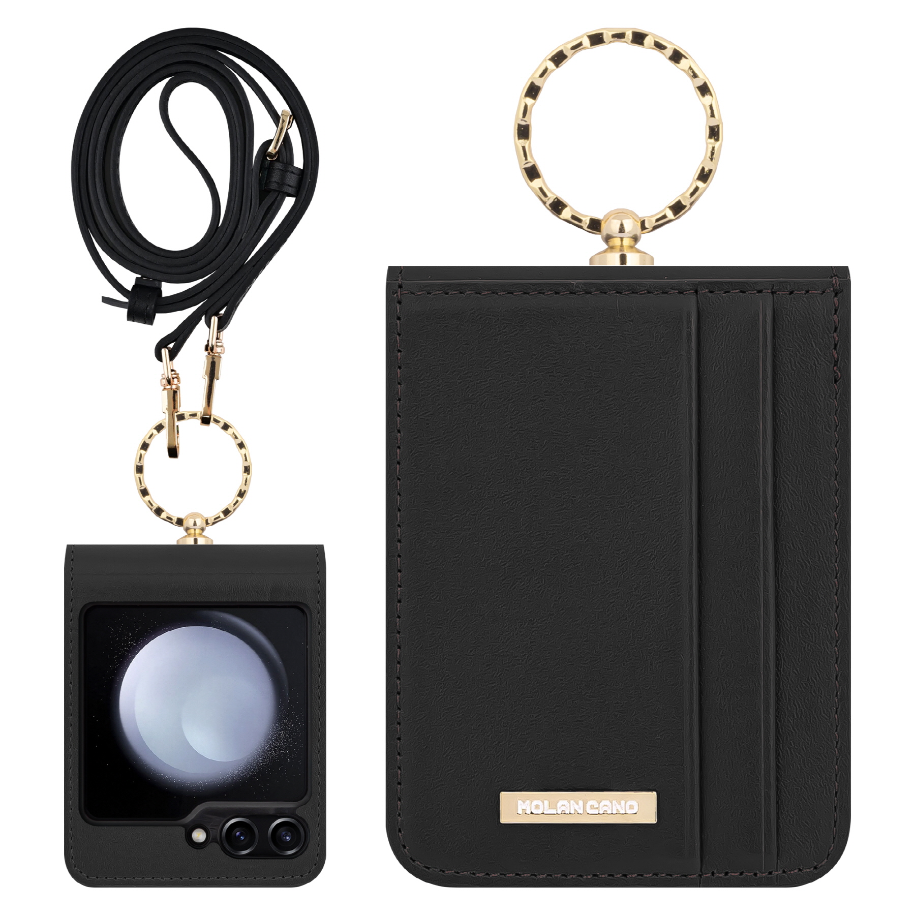 갤럭시 Z플립6 플립7fe 카프스킨 카드포켓 천연 가죽 링 다이어리 휴대폰 케이스 블랙 - 상품 이미지