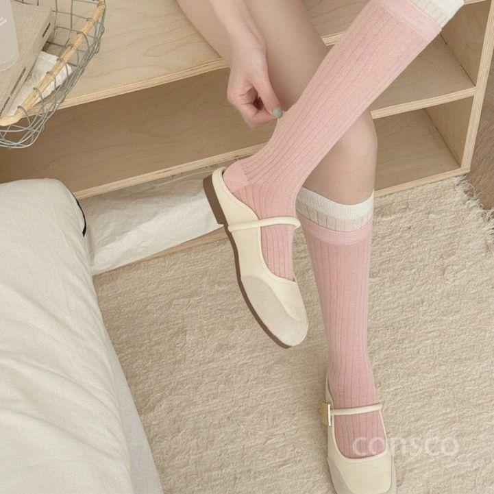 여름 양말 레이스 레이어드 시스루 골지 루즈삭스 발레코어 니삭스 화이트 핑크 - 상세 이미지 3