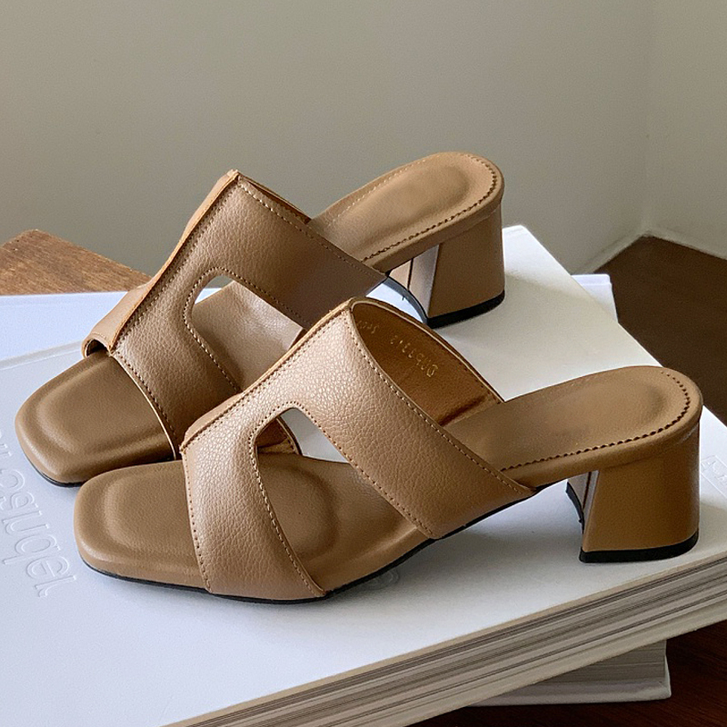 국내제작 소가죽 뮬 스퀘어 여성 여름 슬리퍼 힐