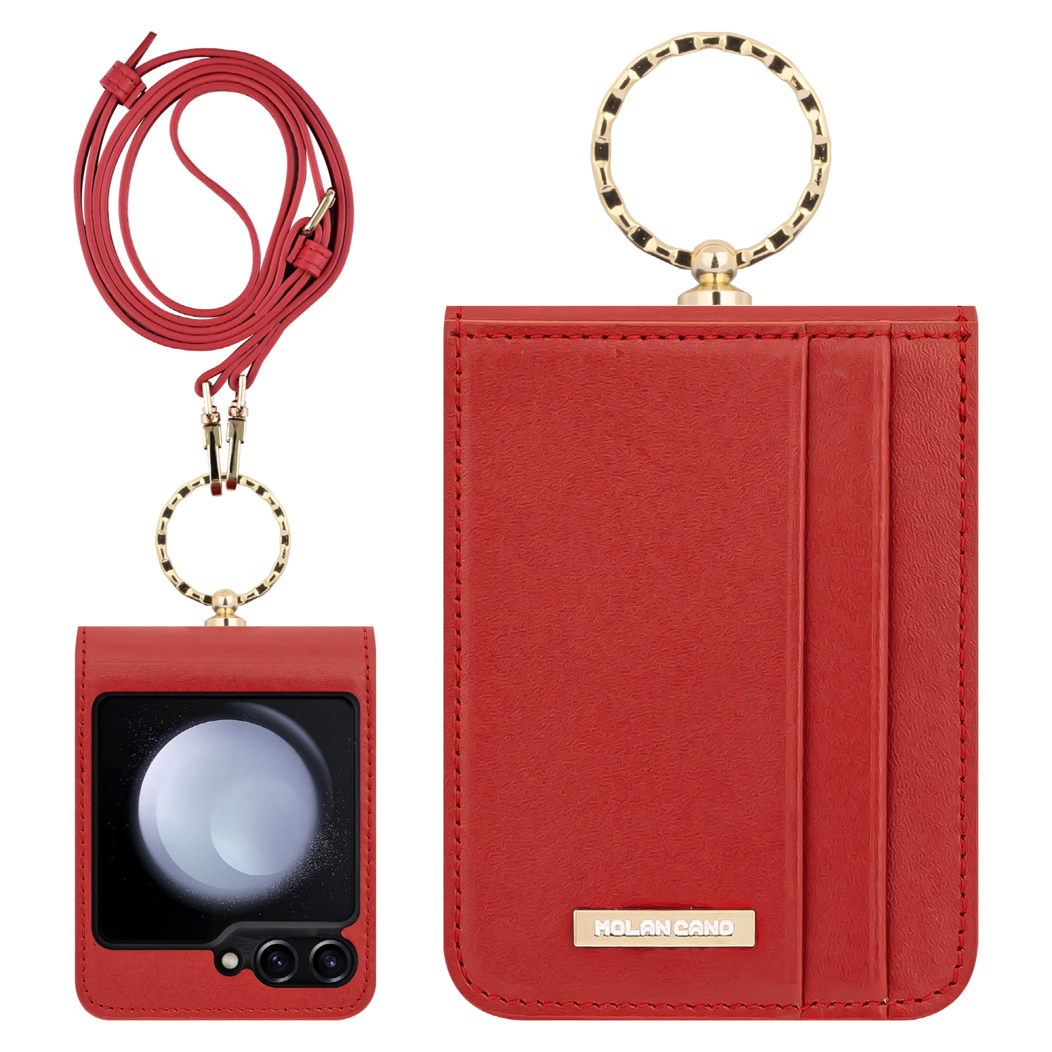 갤럭시 Z플립7 카프스킨 카드포켓 천연 가죽 링 힌지 보호 다이어리 휴대폰 케이스  레드 - 상품 이미지