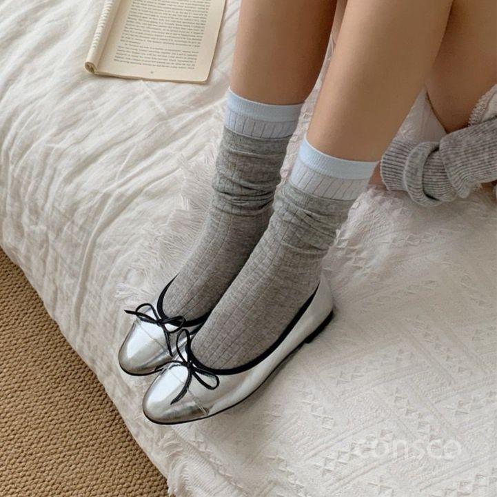 여름 양말 레이스 레이어드 시스루 골지 루즈삭스 발레코어 니삭스 화이트 핑크 - 상세 이미지 5