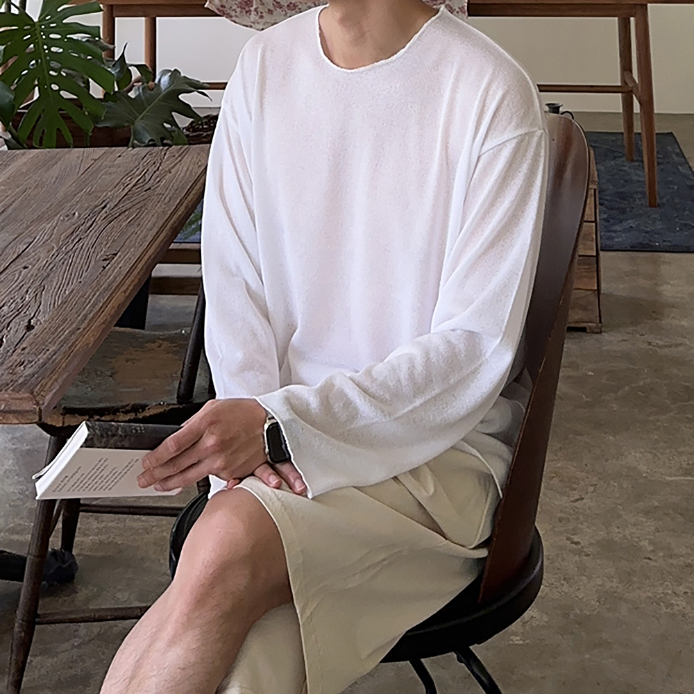 린넨 티셔츠 오버핏 쿨 여름 보트넥 바캉스 남자 긴팔티 - 상세 이미지 2