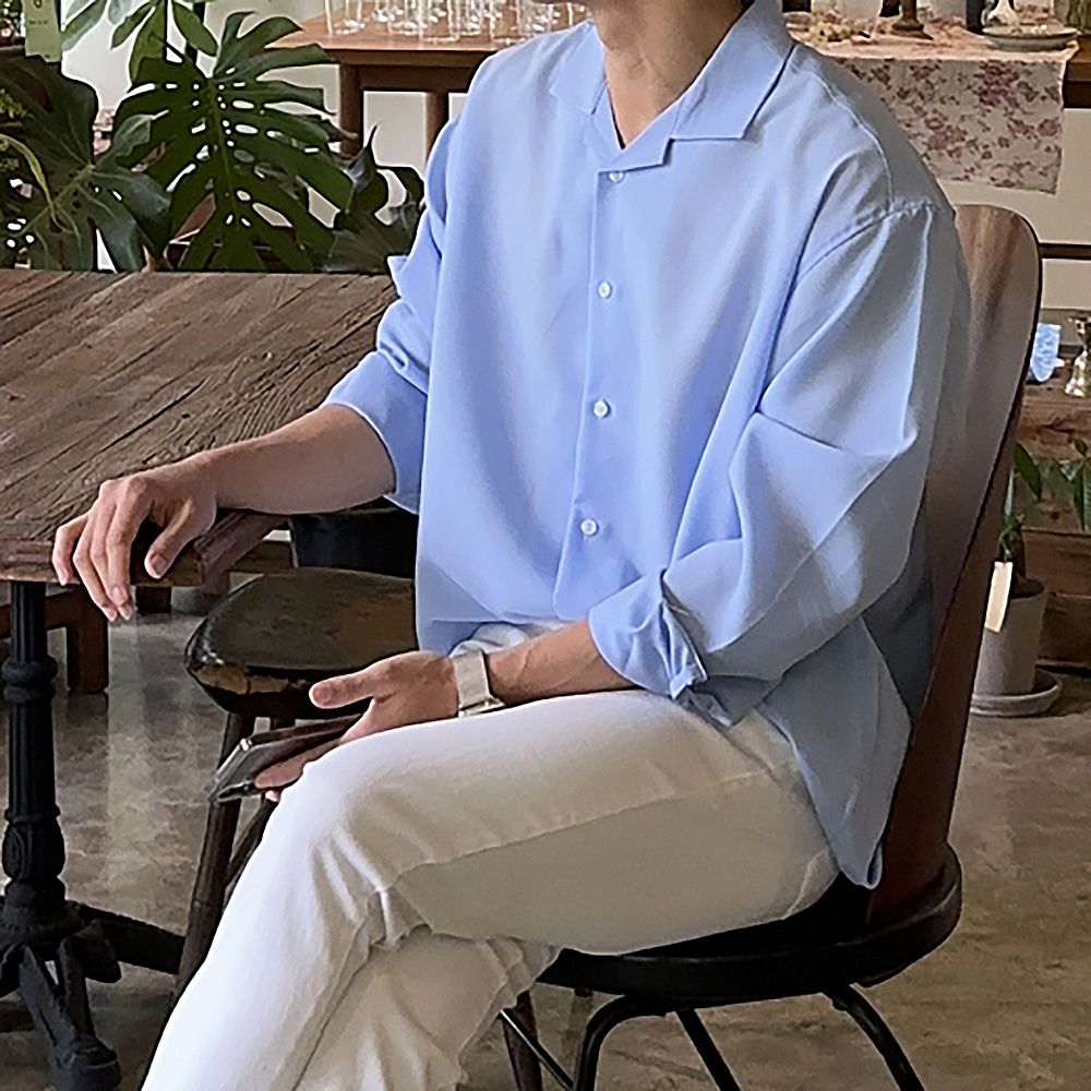 남자 셔츠 구김없는 오버핏 실크 남방 남자 린넨 마 셔츠 - 상세 이미지 5