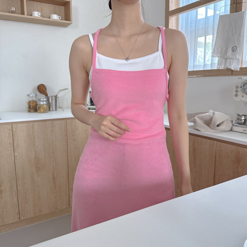 테리 백리스 홀터넥 롱원피스 레이어드 끈 여름휴양지원피스 핑크