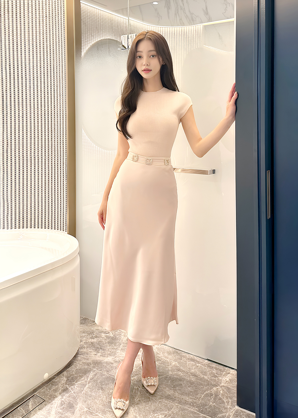 비비에 네모 큐빅 브로치 새틴 롱 스커트 (4Color) - 상세 이미지 5