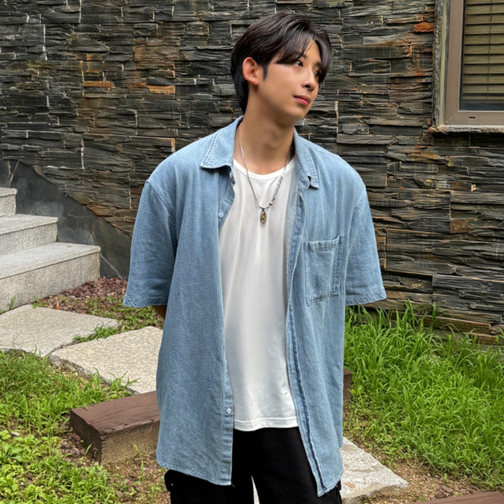 남자 스엘 오버핏 여름 쿨링 린넨 슬랍 데님 반팔 셔츠 남방