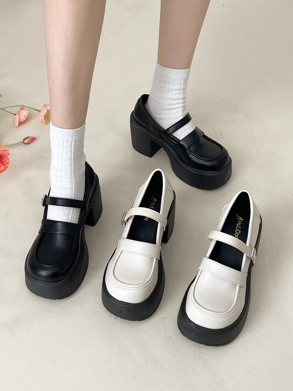 메리제인 키높이 로퍼 굽높은 캐주얼 스트랩 귀여운 통굽 아이돌 학생 패션 코디 블랙 8cm - 상세 이미지 3