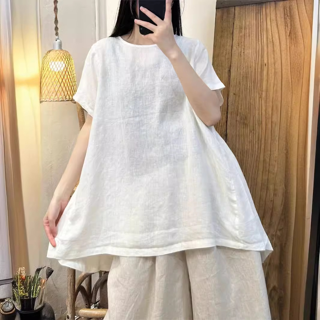 여름 뒷단추 린넨 롱티셔츠 루즈핏 40 50대여성의류 미시옷 엄마옷 - 상세 이미지 2