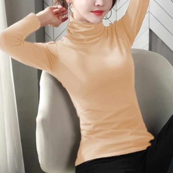 여자 롱 티셔츠 여성 여름 폴라 티 가을 슬림 핏 긴팔 홀터넥 오버 여름용 베이지 기본 - 메인 이미지