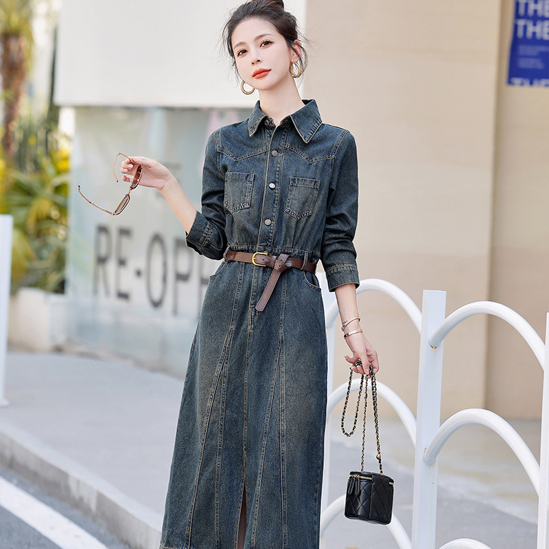 슬릿 앞트임 청원피스 폴로넥 셔츠형 데님원피스 빈티지