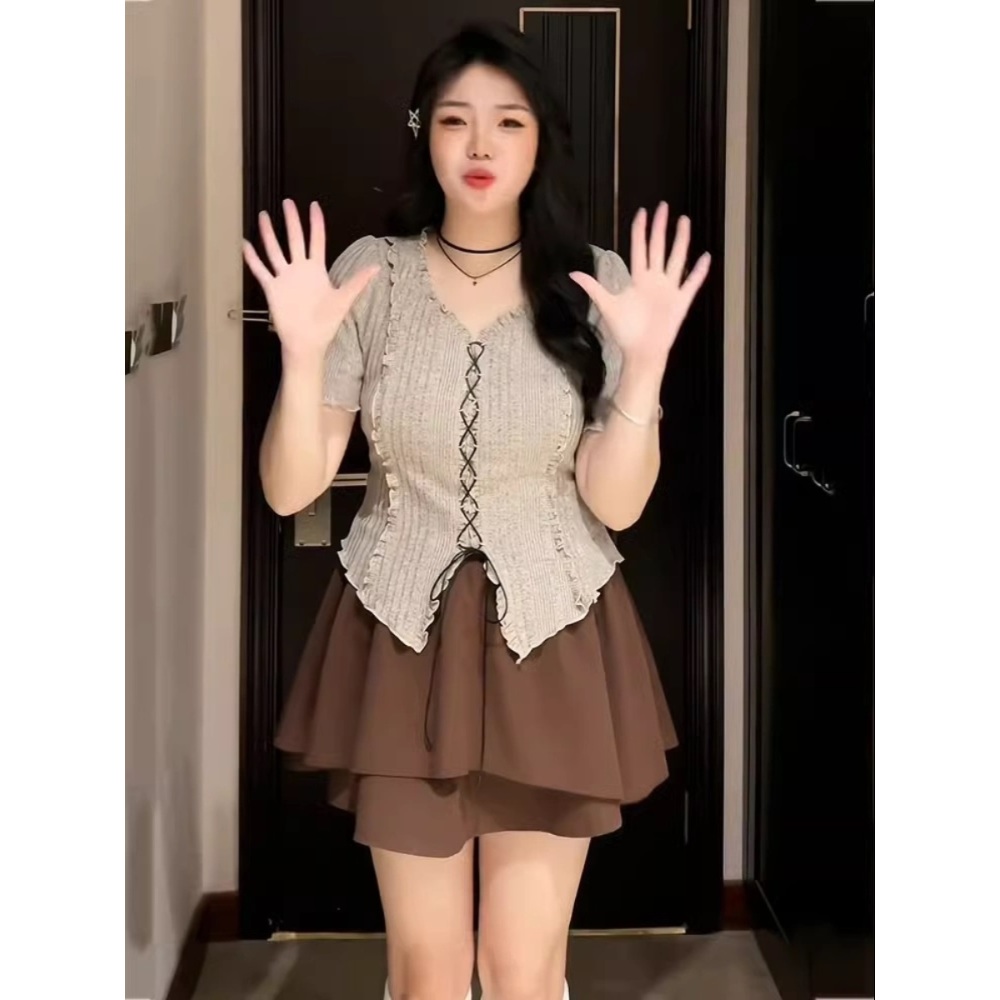 브이넥 반팔 블라우스 스커트 세트 빅사이즈 셋업 브라운 베이지 3XL까지 - 상세 이미지 2