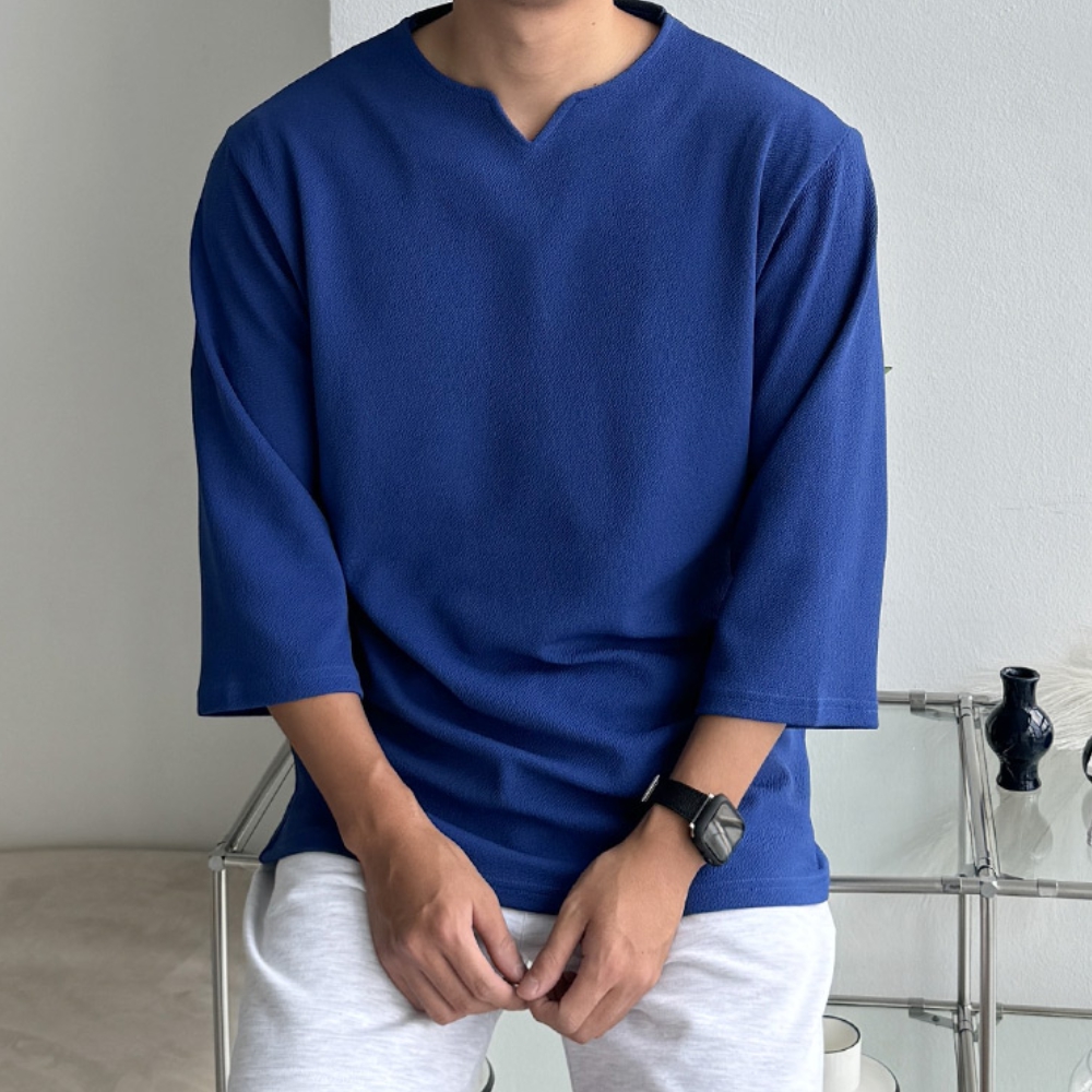 1+1 남자 라게 여름 무지 슬릿 브이넥 7부 티셔츠 - 상세 이미지 5