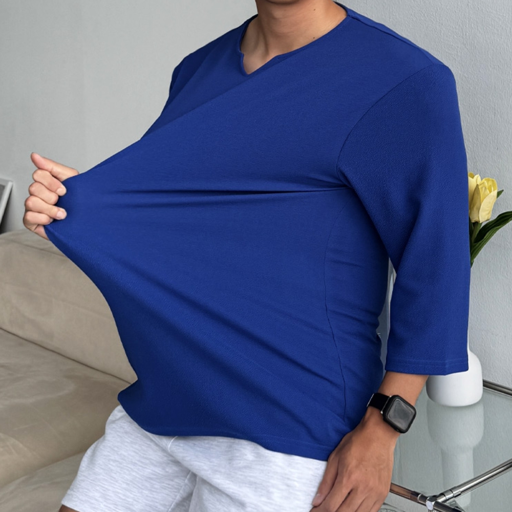 1+1 남자 라게 여름 무지 슬릿 브이넥 7부 티셔츠 - 상세 이미지 2