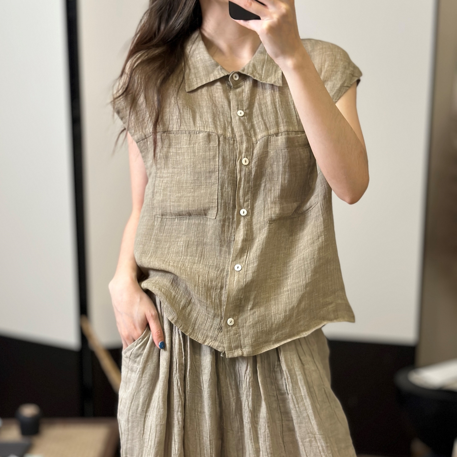 린넨셔츠 민소매셔츠 칼라넥 여름 미시옷 - 상세 이미지 2