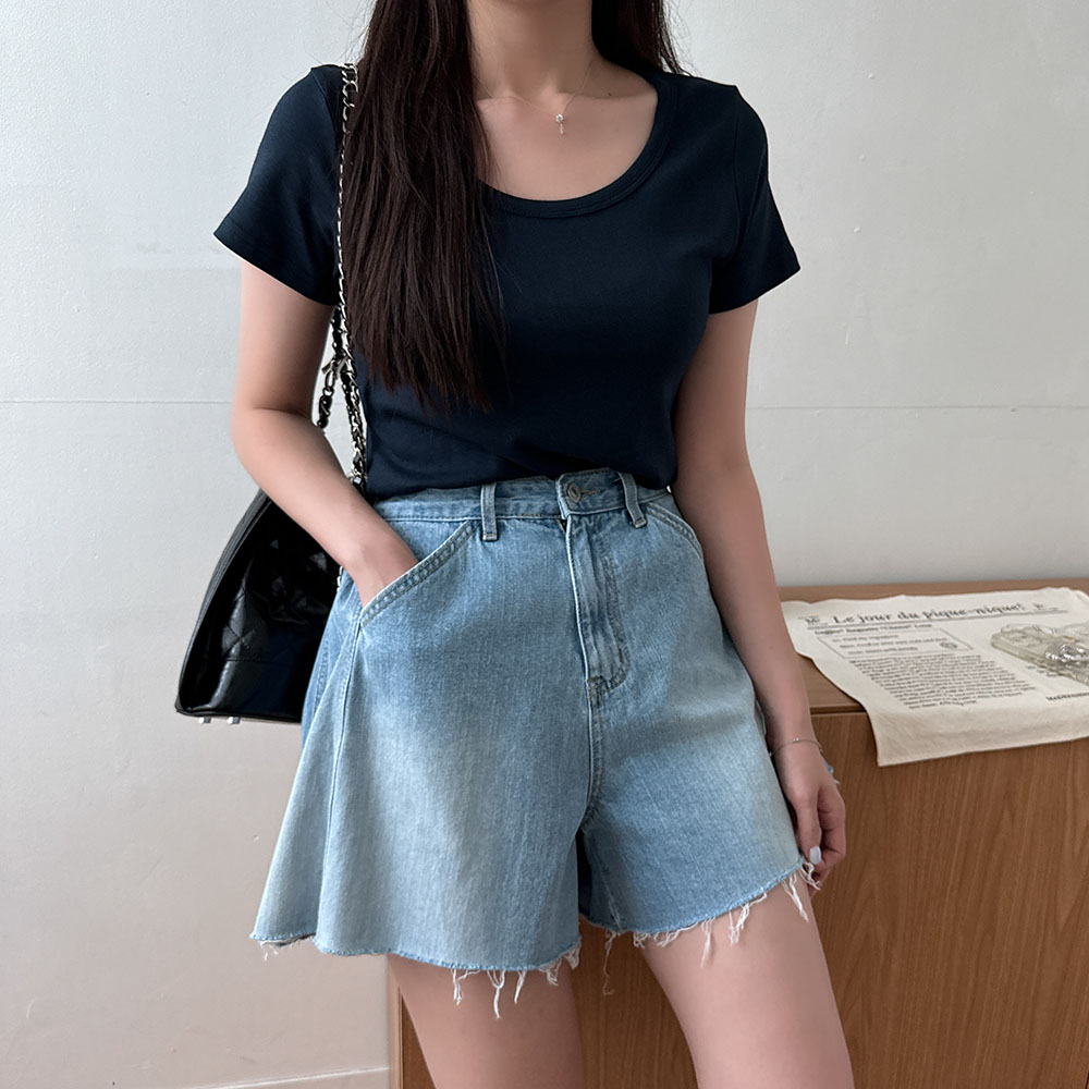 유넥티셔츠 쫀득 세미 크롭 슬림핏 딥 유넥 반팔티 이미지 7
