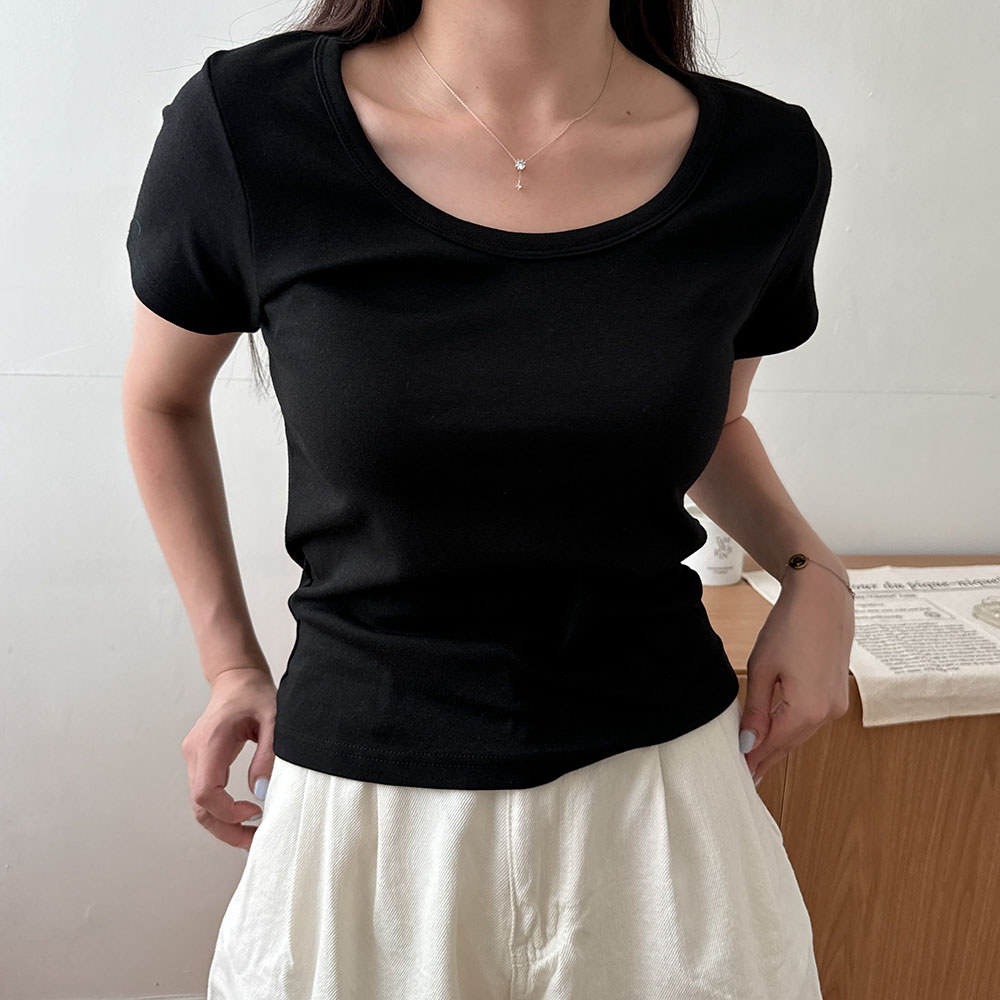 유넥티셔츠 쫀득 세미 크롭 슬림핏 딥 유넥 반팔티 이미지 6