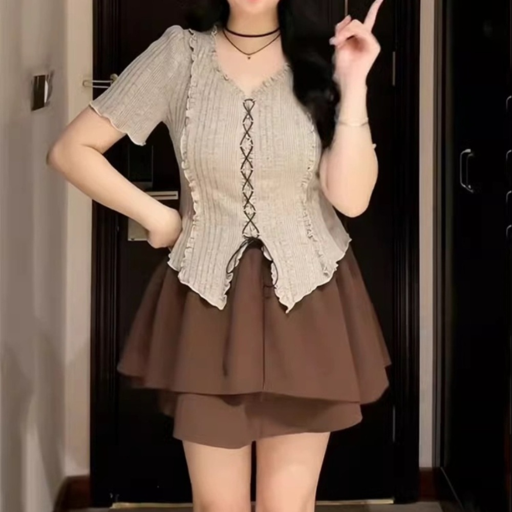 브이넥 반팔 블라우스 스커트 세트 빅사이즈 셋업 브라운 베이지 3XL까지 - 상품 이미지