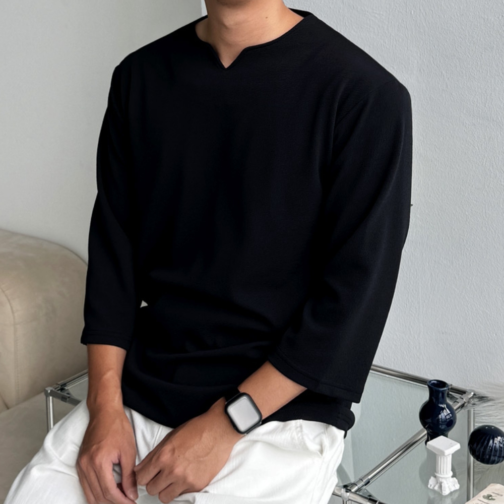 1+1 남자 라게 여름 무지 슬릿 브이넥 7부 티셔츠 이미지 3