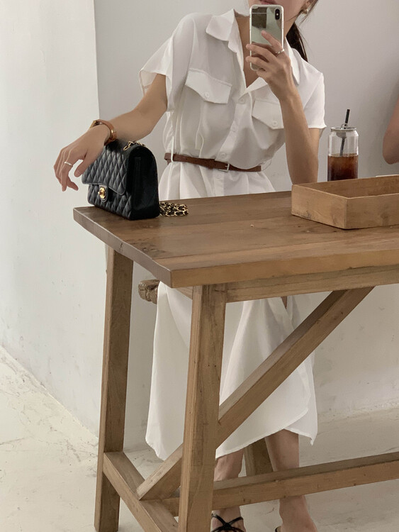 에피톤 여성 반팔 포켓 카라 셔츠 벨트 세트 플레어 A라인 롱 원피스 - 상세 이미지 4