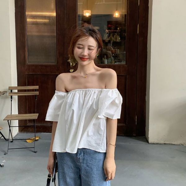 오프숄더블라우스 여성블라우스 퍼프 니트 쉬폰 스타일리쉬 베이직 오프숄더 여리여리 여성 블라우스 : 케이빌리프