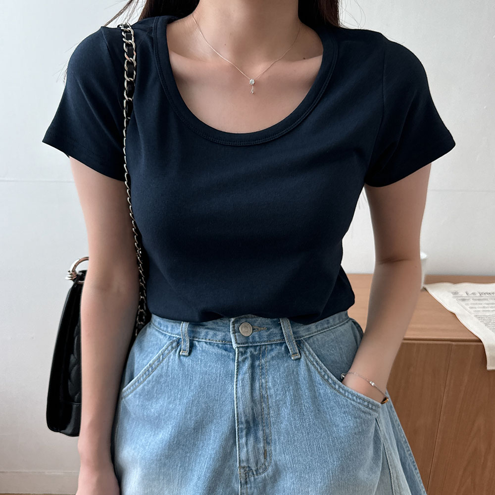 유넥티셔츠 쫀득 세미 크롭 슬림핏 딥 유넥 반팔티 이미지 8
