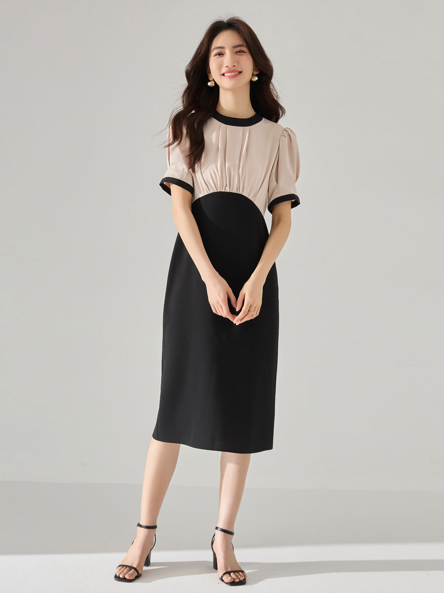 백리본 퍼프소매 투톤배색 오피스 결혼식 하객 미디 포멀 원피스 - 상품 이미지