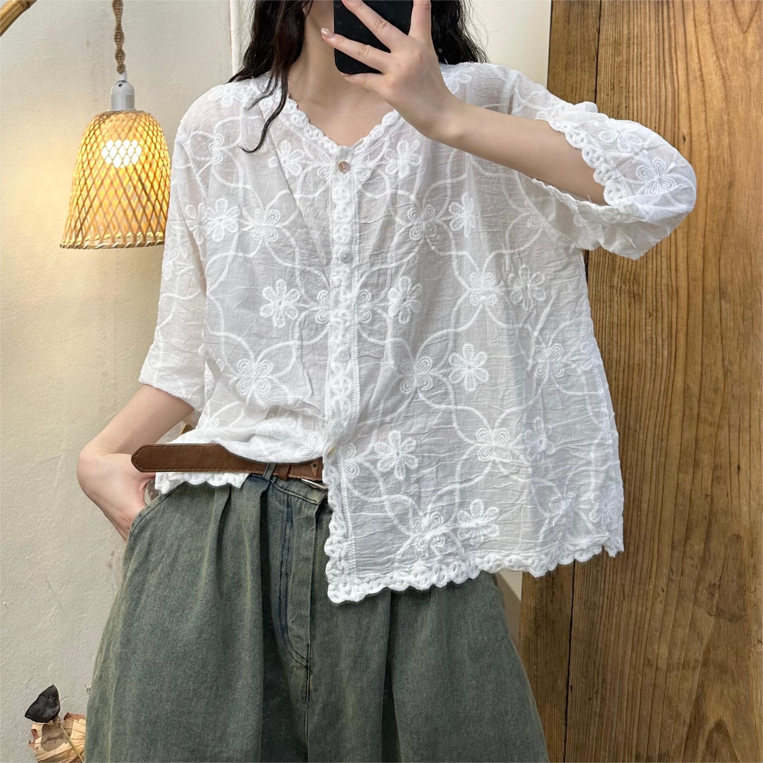 여름가디건 자수블라우스 순면 미시옷 엄마옷 - 상세 이미지 2