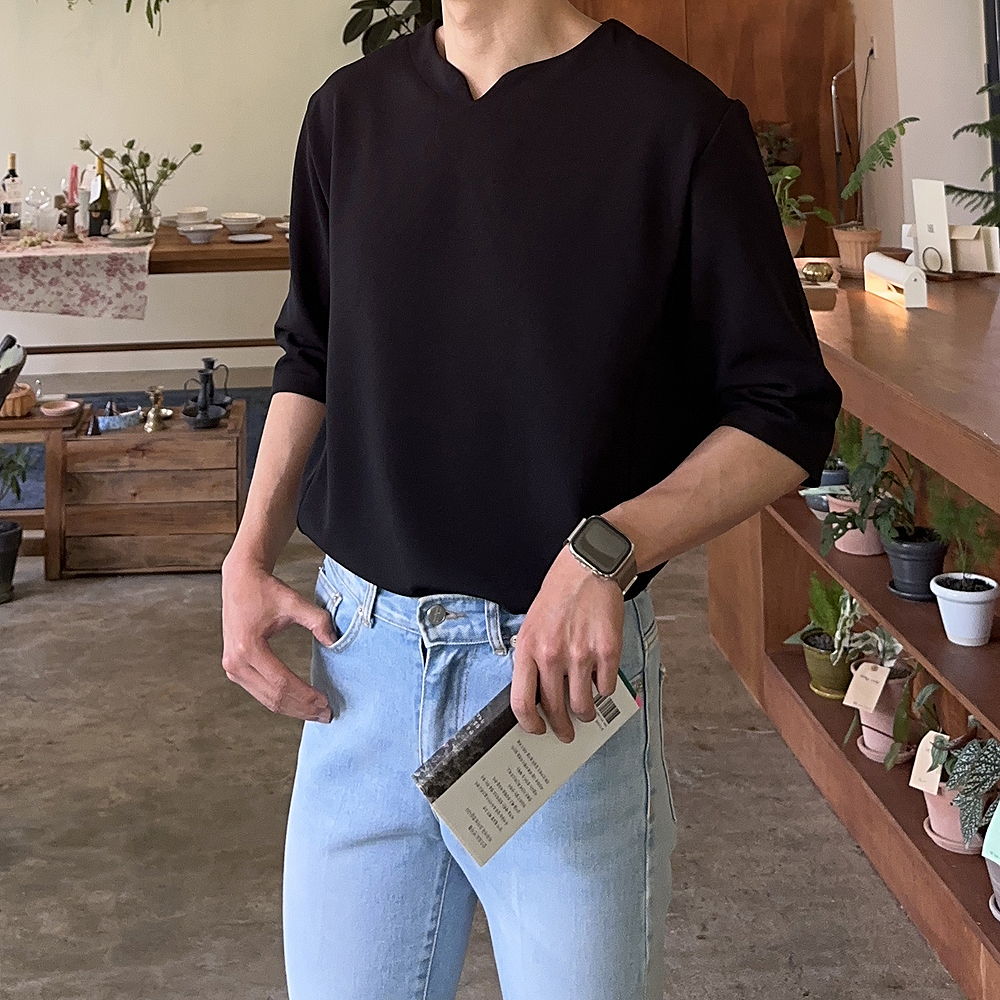 남자 7부티셔츠 구김없는 브이넥 빅사이즈 남자 반팔티