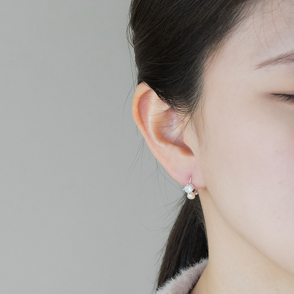 실버925 큐빅 담수 진주 꼬임 원터치 귀걸이