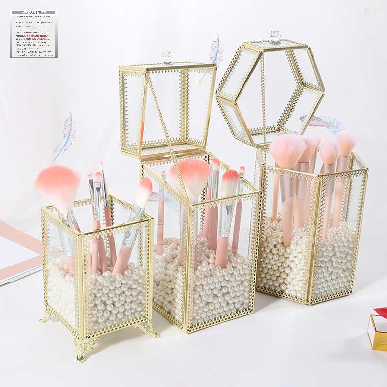 케이스 아크릴 뚜껑있는 진주 정리대 정리함 브러쉬 보관함 먼지차단 화장품 꽂이 골드 - 상품 이미지