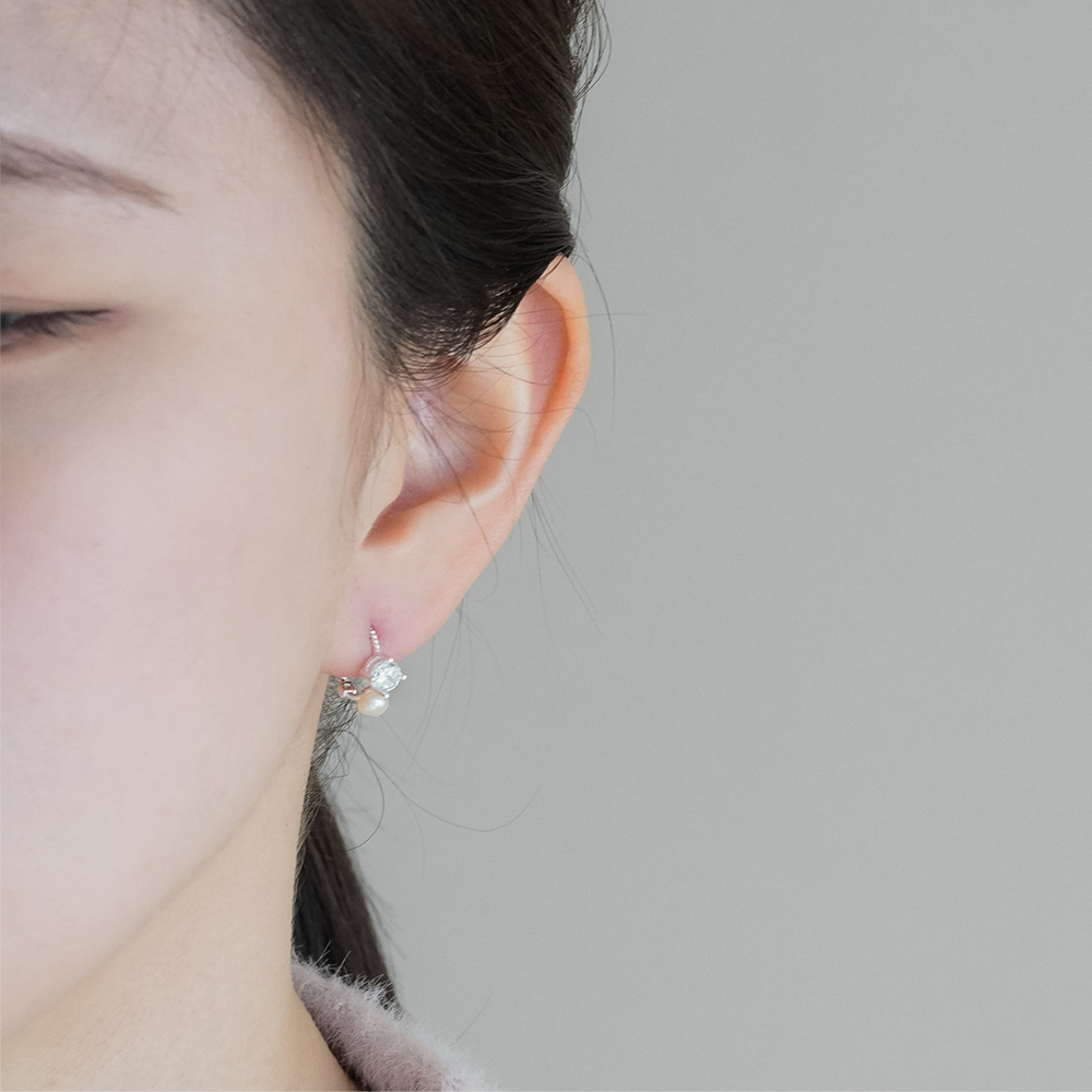 실버925 큐빅 담수 진주 꼬임 원터치 귀걸이