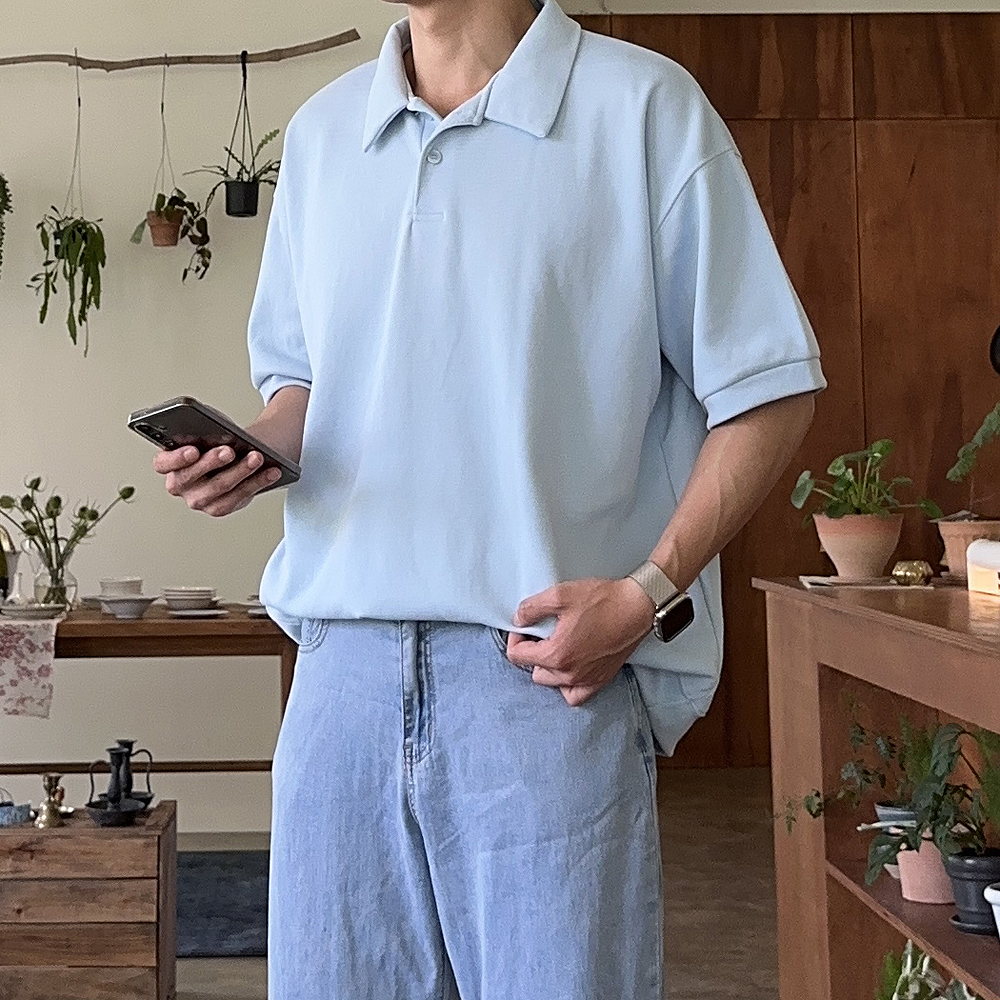 남자 반팔 카라티 오버핏 커플 빅사이즈 헨리넥 반팔티 - 상세 이미지 3