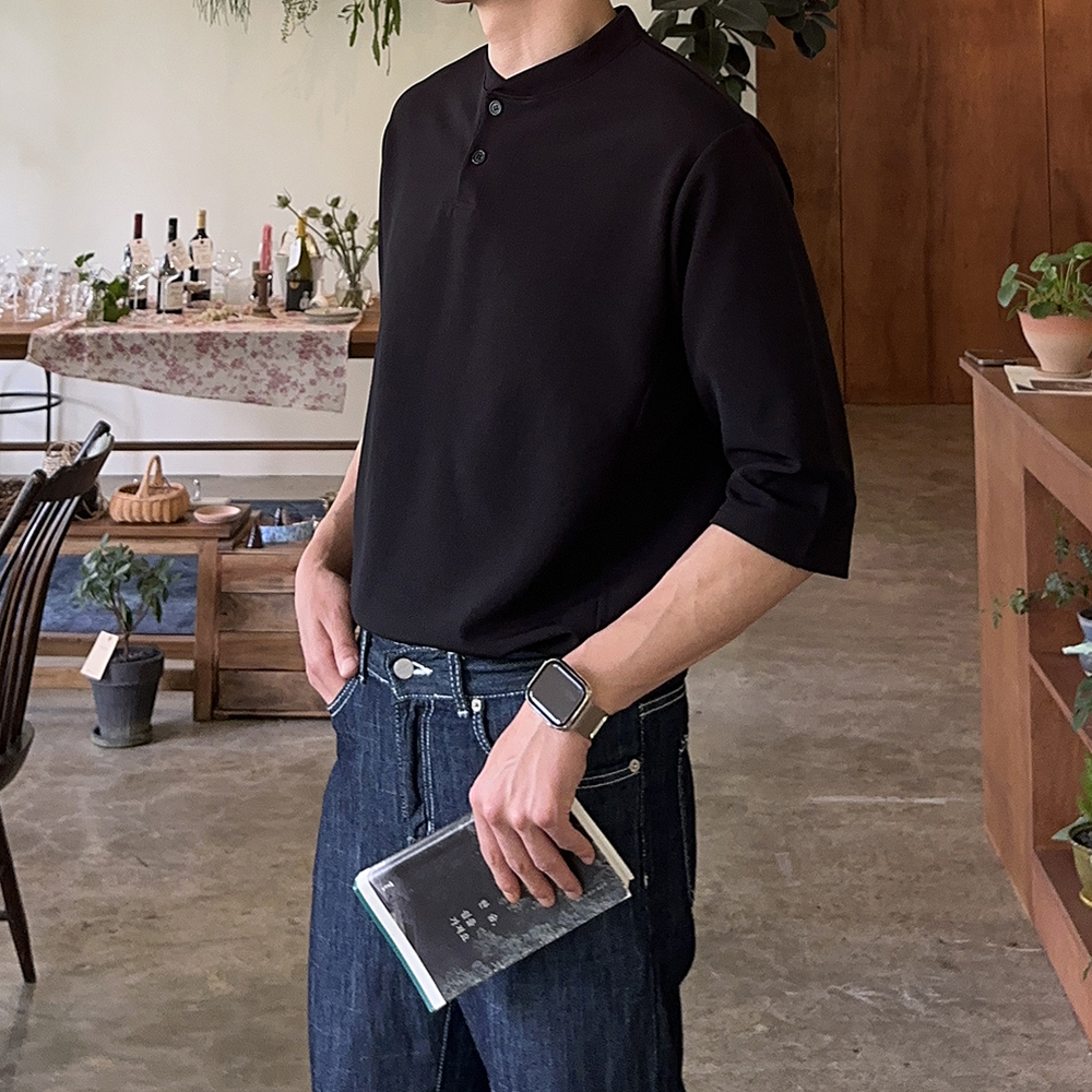 남자 7부티 오버핏 구김없는 헨리넥 남자 칠부 반팔티