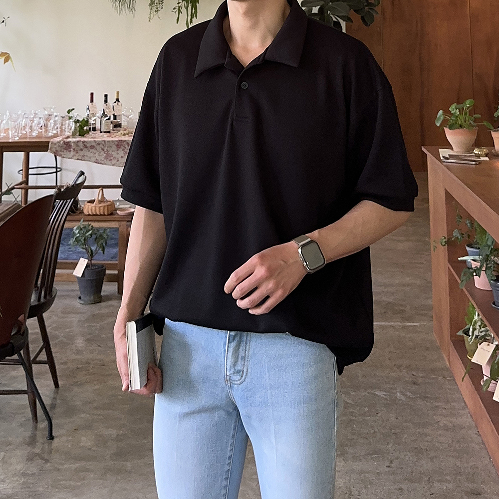 남자 반팔 카라티 오버핏 커플 빅사이즈 헨리넥 반팔티