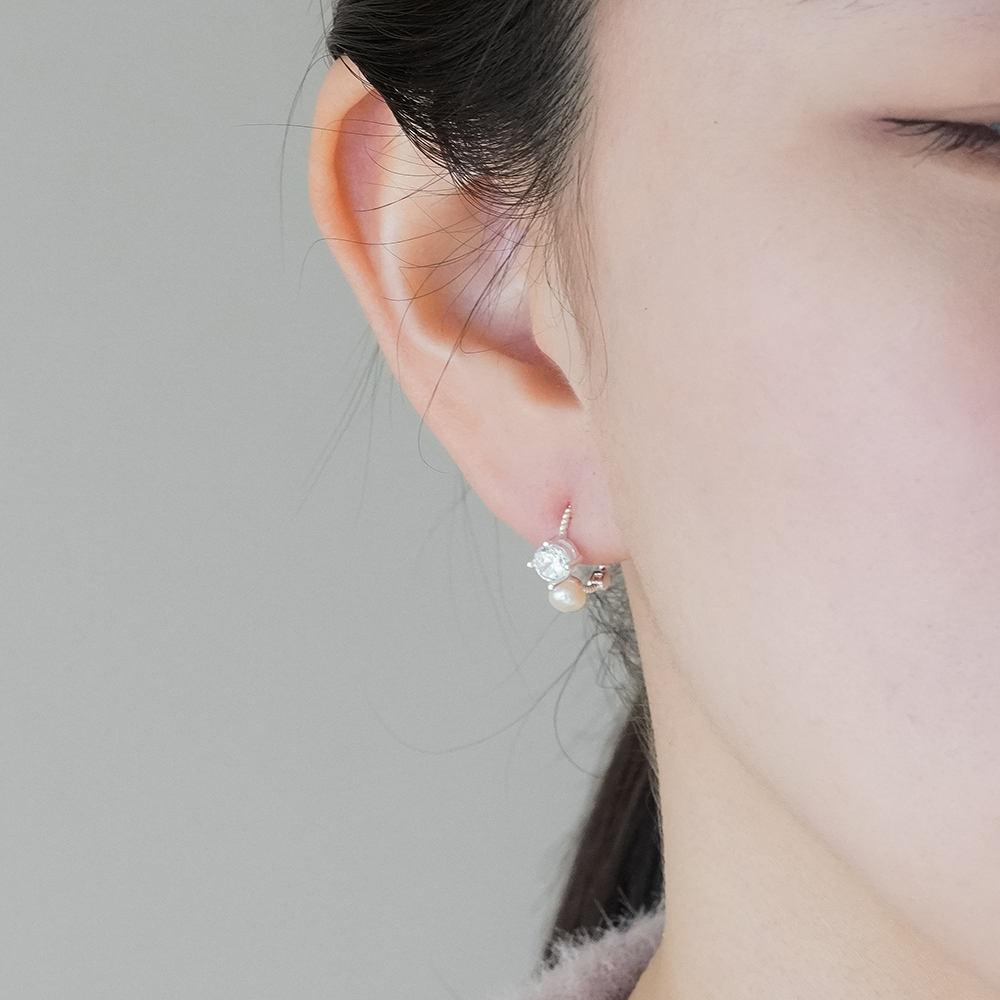 실버925 큐빅 담수 진주 꼬임 원터치 귀걸이