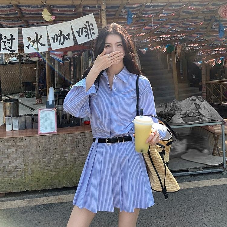 셔츠 스커트 투피스 스트라이프 세트 긴팔 플리츠치마 벨트포함 캐주얼 코디 블루 데이트 - 상품 이미지