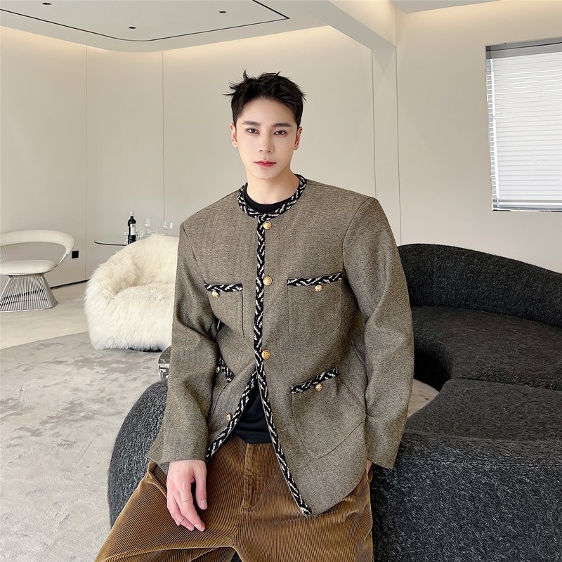 남자 트위드 자켓 라운드넥 빈티지 금장단추 자켓 하객 남친룩 봄 가을 데일리 패션 브라운 - 상품 이미지