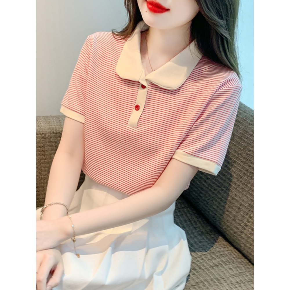 스트라이프 카라 반팔 여자연예인 드라마 73화 패션 코디 얇은 원단 여름 다용도 레드 - 상세 이미지 3