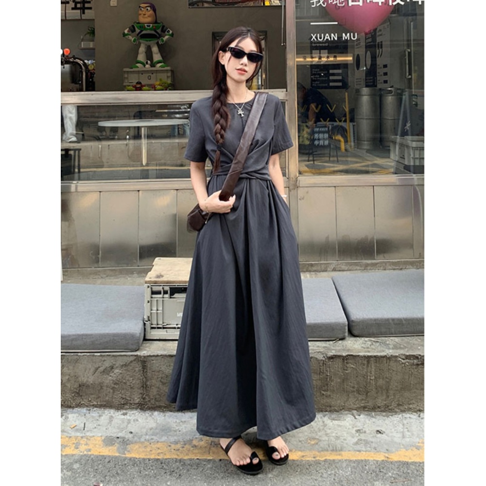 허리꼬임 반팔 원피스 빅사이즈 뱃살커버 캐주얼 여름 데이트 패션 코디 그레이 4XL까지 - 상세 이미지 2