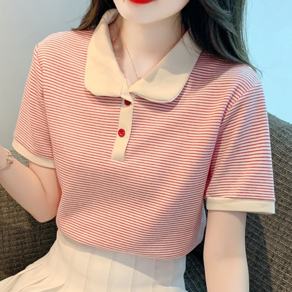 스트라이프 카라 반팔 여자연예인 드라마 73화 패션 코디 얇은 원단 여름 다용도 레드 - 상품 이미지