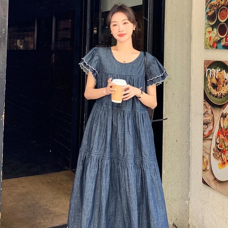 라운드넥 데님 원피스 러블리 얇은 루즈핏 프릴소매 임산부 옷 드레스 패션 코디 - 상세 이미지 4