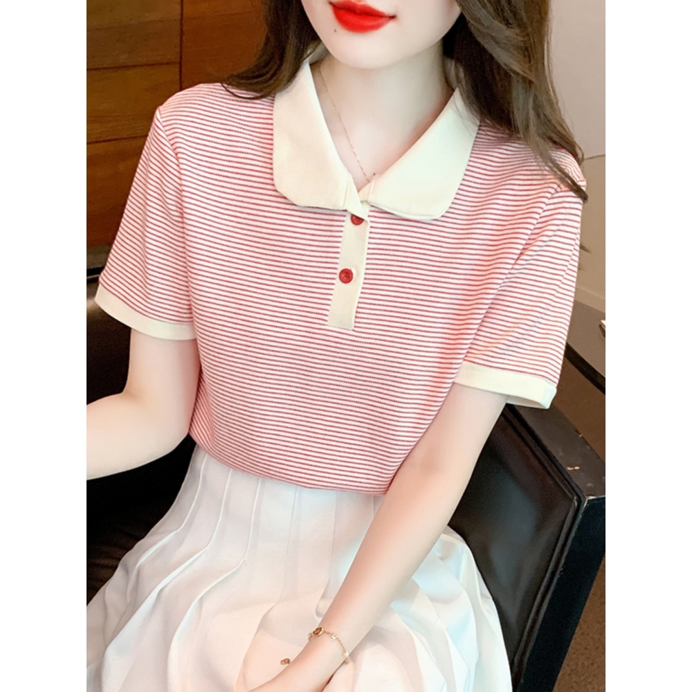 스트라이프 카라 반팔 여자연예인 드라마 73화 패션 코디 얇은 원단 여름 다용도 레드 - 상세 이미지 4