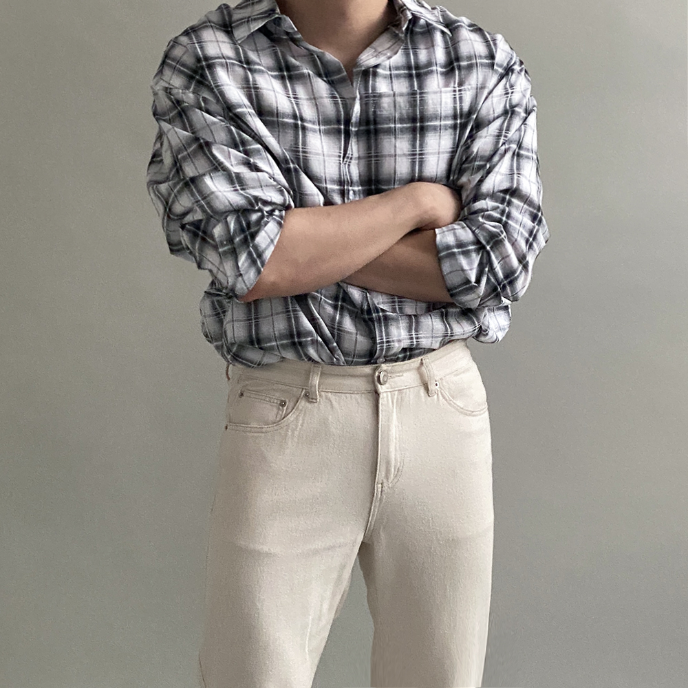 1+1 깅엄체크셔츠 남자오버핏체크남방 - 상세 이미지 3