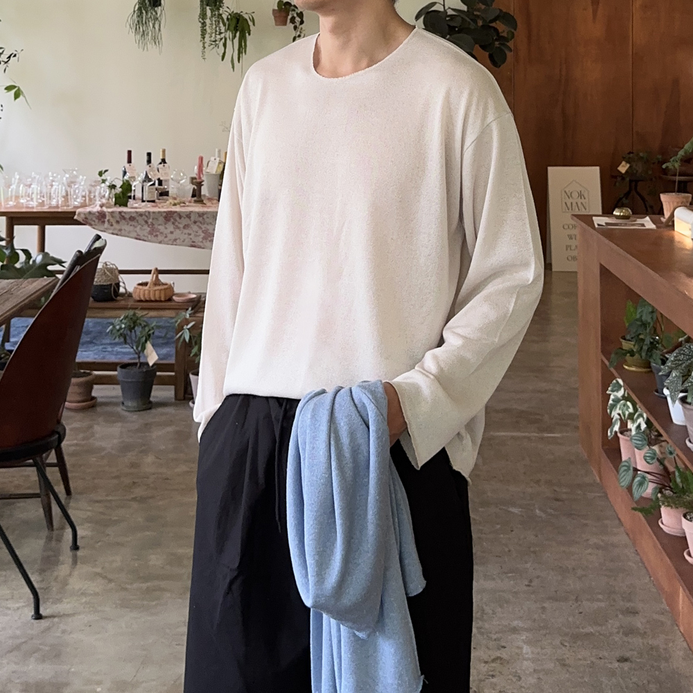 린넨 티셔츠 오버핏 쿨 여름 보트넥 바캉스 남자 긴팔티 - 상품 이미지