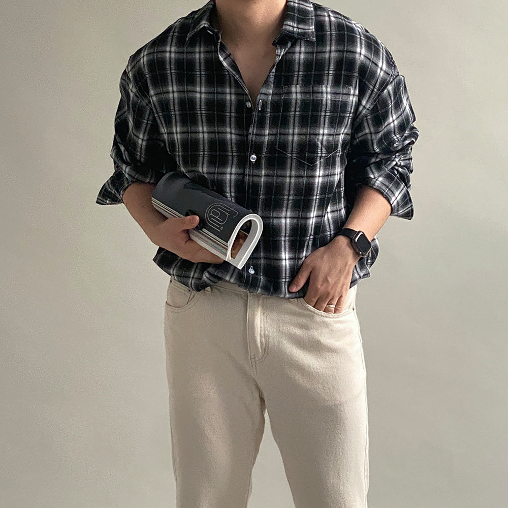 1+1 깅엄체크셔츠 남자오버핏체크남방 - 상세 이미지 4
