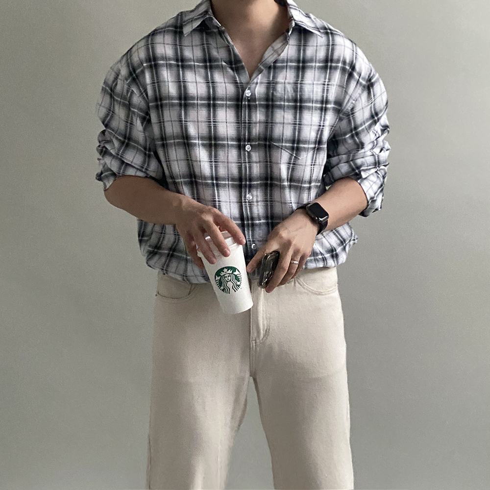 깅엄체크셔츠 남자오버핏체크남방 플란넬셔츠 - 메인 이미지