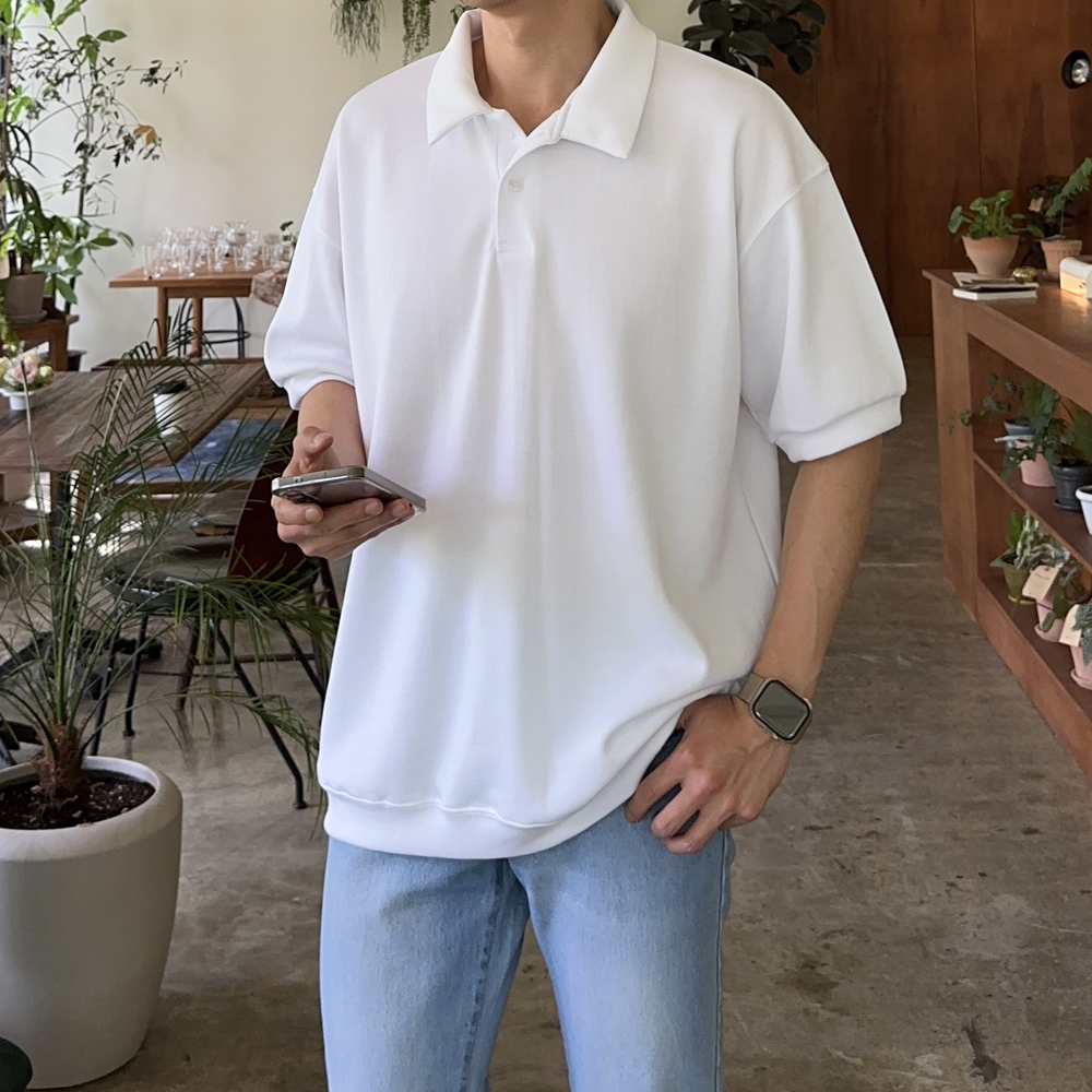 남자 반팔 카라티 오버핏 커플 빅사이즈 헨리넥 반팔티 - 상세 이미지 2
