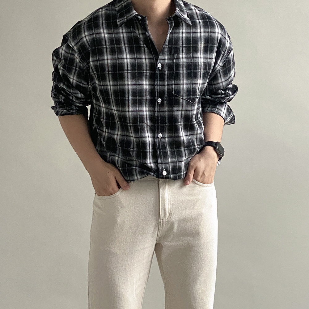 1+1 깅엄체크셔츠 남자오버핏체크남방 - 상세 이미지 5