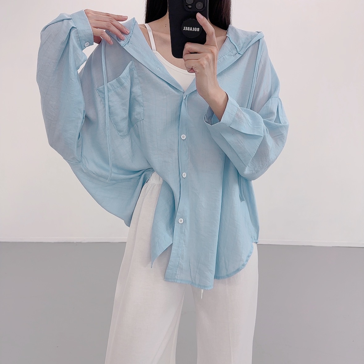 로라벨 에딘 여름 셔츠 남방 블라우스 시스루 린넨 비치웨어 살안타템 루즈핏 여성 오버핏 - 상세 이미지 4